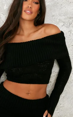 Shape Black Fold Over Rib Knit Dipped Hem Top