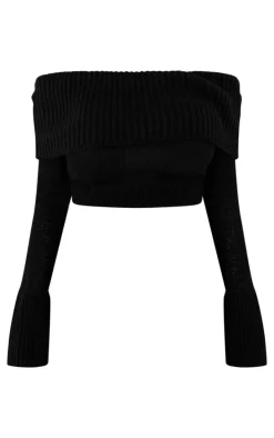 Shape Black Fold Over Rib Knit Dipped Hem Top