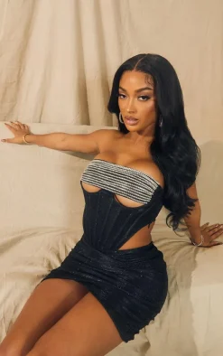 Shape Black Glitter Corset Detail Diamante Panel Bodycon Dress