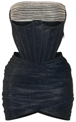 Shape Black Glitter Corset Detail Diamante Panel Bodycon Dress