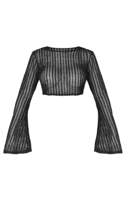 Shape Black Glitter Textured Long Sleeve Crop Top
