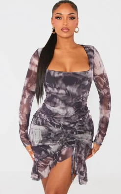 Shape Black Grunge Printed Mesh Ruched Side Frill Hem Bodycon Dress