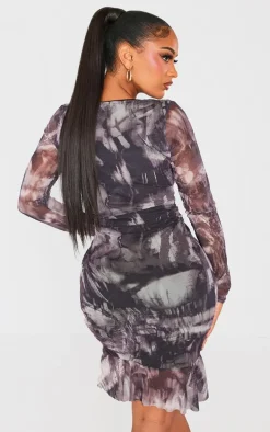 Shape Black Grunge Printed Mesh Ruched Side Frill Hem Bodycon Dress