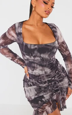 Shape Black Grunge Printed Mesh Ruched Side Frill Hem Bodycon Dress