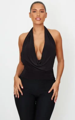 Shape Black Halter Cowl Neck Long Line Open Back Top