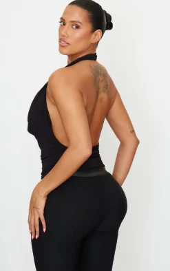 Shape Black Halter Cowl Neck Long Line Open Back Top