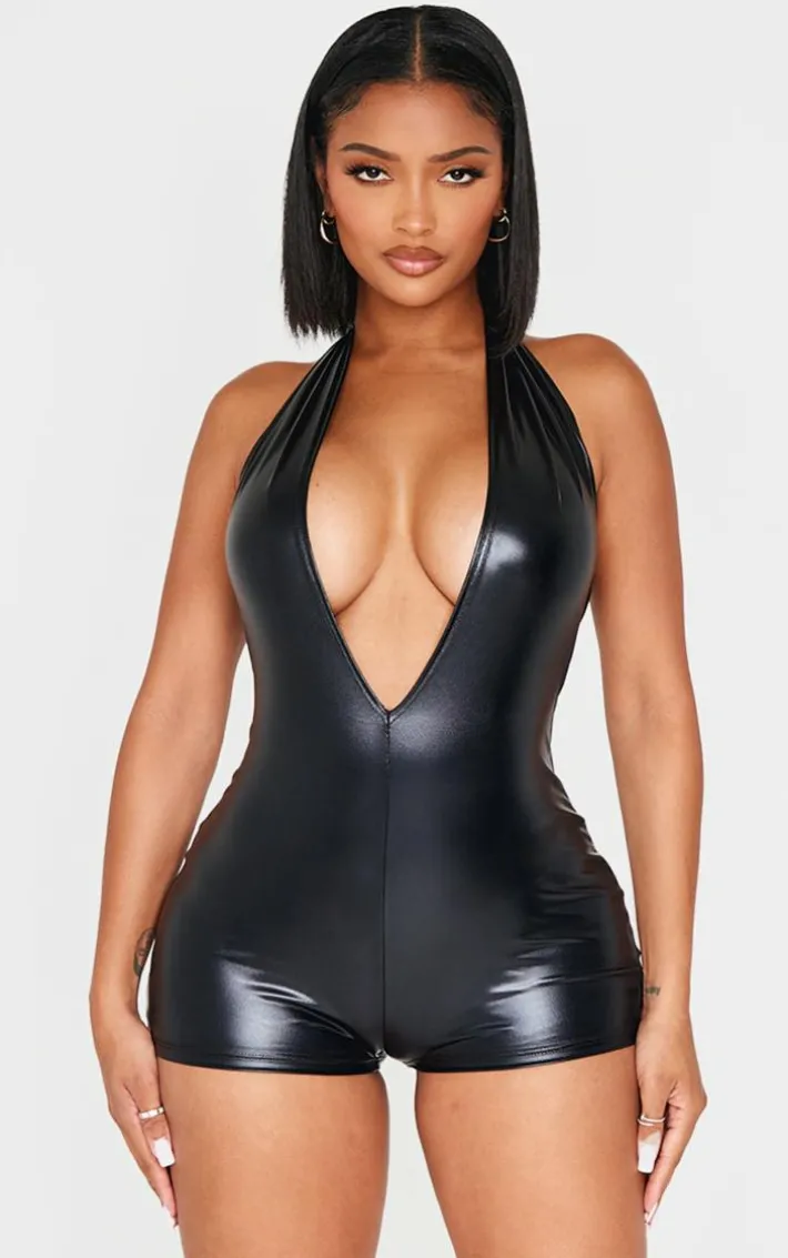 Shape Black Halter Neck Pvc Romper