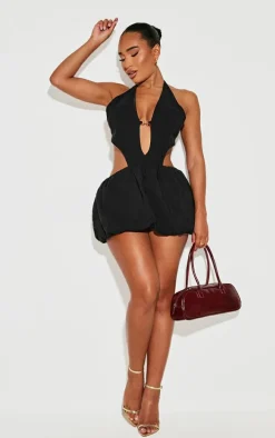 Shape Black Halter Neck Plunge Front Open Back Puffball Mini Dress