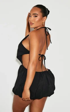 Shape Black Halter Neck Plunge Front Open Back Puffball Mini Dress