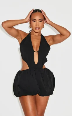 Shape Black Halter Neck Plunge Front Open Back Puffball Mini Dress