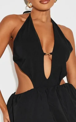 Shape Black Halter Neck Plunge Front Open Back Puffball Mini Dress