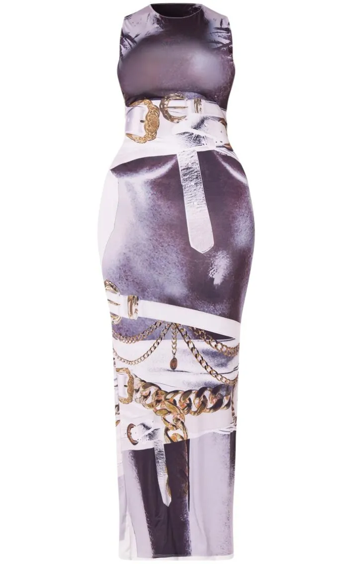 Shape Black Inverted Belt Body Print Racer Maxi Dress