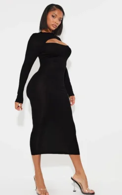 Shape Black Jersey Cut Out Long Sleeve Midi Dress