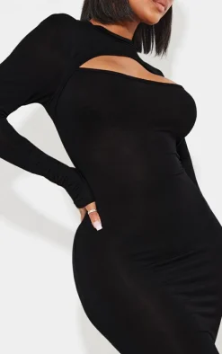 Shape Black Jersey Cut Out Long Sleeve Midi Dress