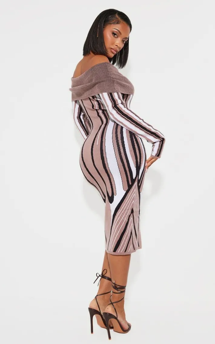 Shape Black Knit Abstract Print Bardot Midaxi Dress