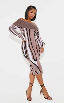 Shape Black Knit Abstract Print Bardot Midaxi Dress