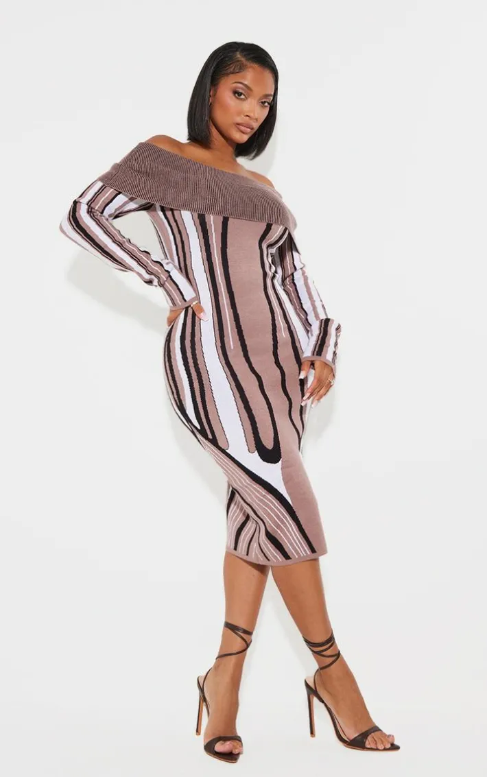 Shape Black Knit Abstract Print Bardot Midaxi Dress