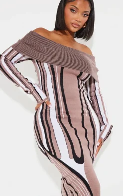 Shape Black Knit Abstract Print Bardot Midaxi Dress