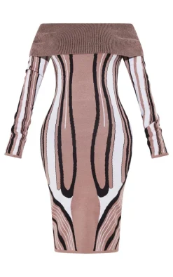 Shape Black Knit Abstract Print Bardot Midaxi Dress