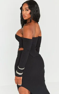 Shape Black Knit Bardot Split Side Top