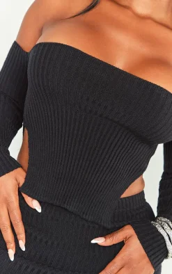 Shape Black Knit Bardot Split Side Top
