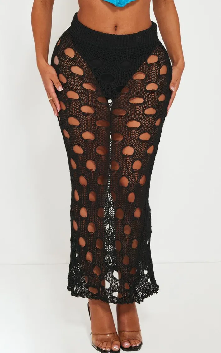 Shape Black Knit Distressed Cut Out Maxi Skirt