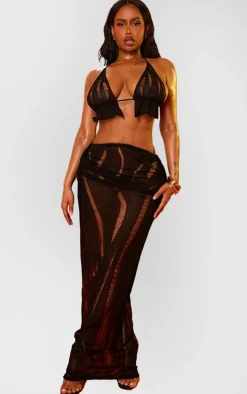 Shape Black Knit Ladder Detailed Low Rise Ruched Side Maxi Skirt