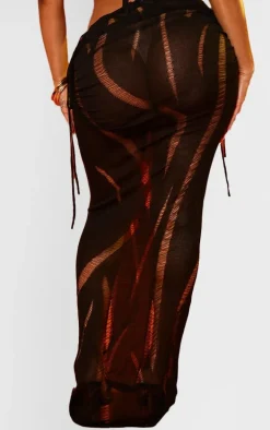 Shape Black Knit Ladder Detailed Low Rise Ruched Side Maxi Skirt