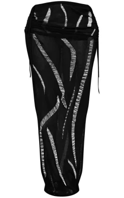 Shape Black Knit Ladder Detailed Low Rise Ruched Side Maxi Skirt