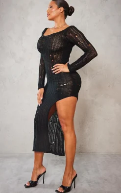 Shape Black Knit Scoop Neck Long Sleeve Maxi Dress