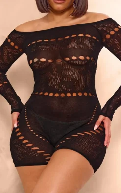 Shape Black Knit Sheer Bardot Unitard