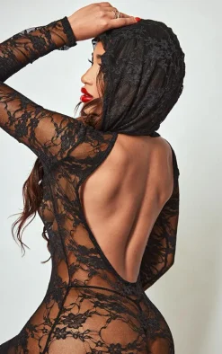 Shape Black Lace Hooded Long Sleeve Maxi Dress