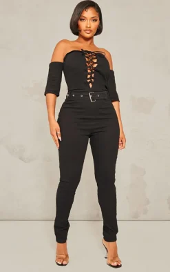 Shape Black Lace Up Bardot Stretch Denim Jumpsuit