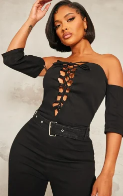 Shape Black Lace Up Bardot Stretch Denim Jumpsuit