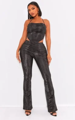 Shape Black Matte Faux Leather Snake Flare Pants