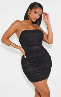 Shape Black Mesh Corset Detail Ruched Bodycon Dress