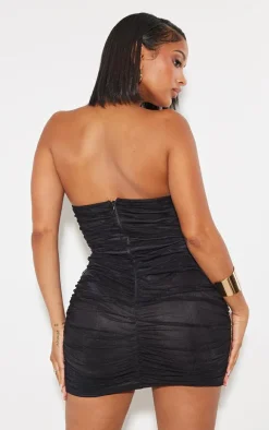 Shape Black Mesh Corset Detail Ruched Bodycon Dress