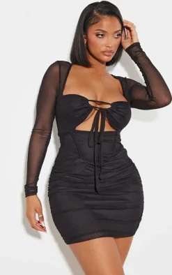Shape Black Mesh Corset Detail Cut Out Bodycon Dress