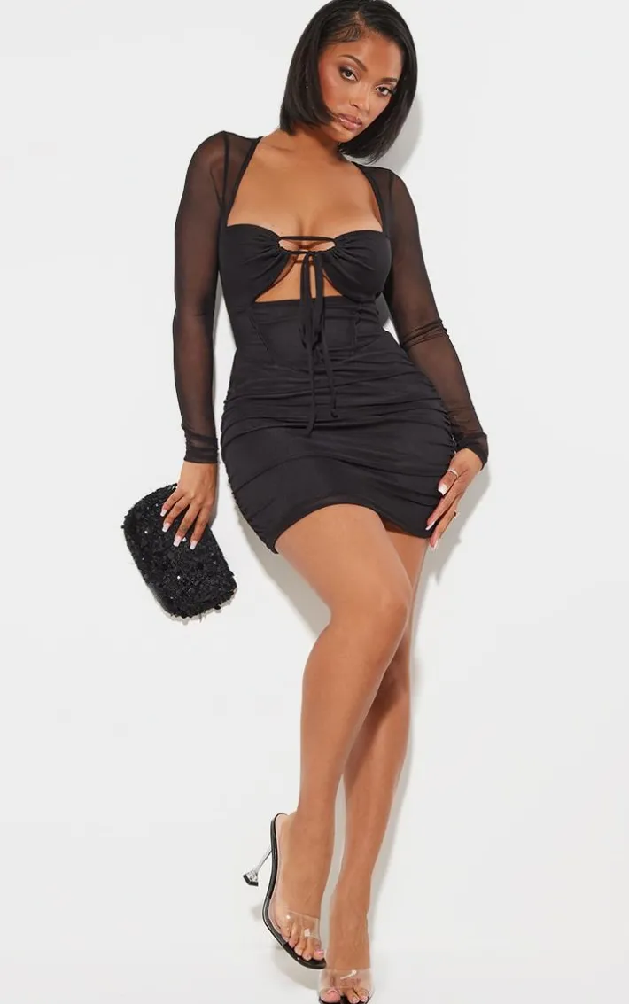 Shape Black Mesh Corset Detail Cut Out Bodycon Dress