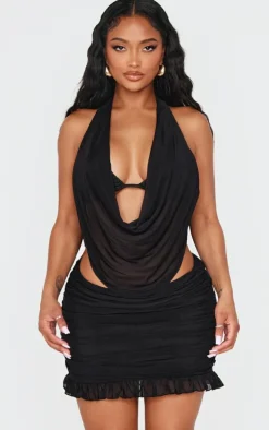 Shape Black Mesh Frill Hem Ruched Mini Skirt