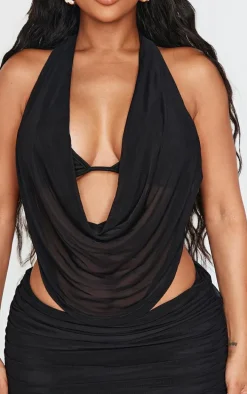 Shape Black Mesh Halter Cowl Neck Top