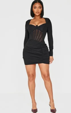 Shape Black Mesh Insert Corseted Ruched Side Mini Dress