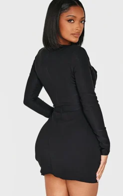 Shape Black Mesh Insert Corseted Ruched Side Mini Dress