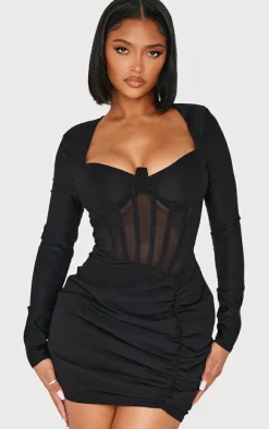 Shape Black Mesh Insert Corseted Ruched Side Mini Dress