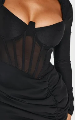 Shape Black Mesh Insert Corseted Ruched Side Mini Dress