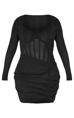 Shape Black Mesh Insert Corseted Ruched Side Mini Dress
