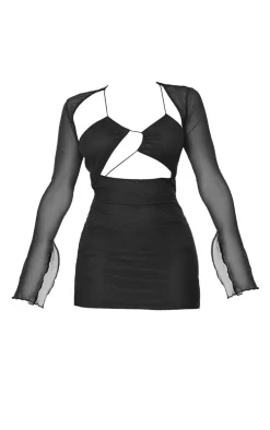 Shape Black Mesh Lace Up Detail Overlay Bodycon Dress