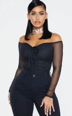 Shape Black Mesh Long Sleeve Ruched Bodysuit
