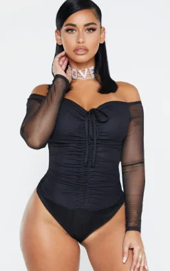 Shape Black Mesh Long Sleeve Ruched Bodysuit