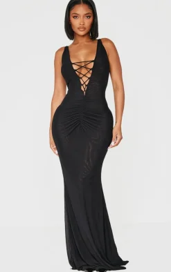 Shape Black Mesh Plunge Front Lace Up Maxi Dress